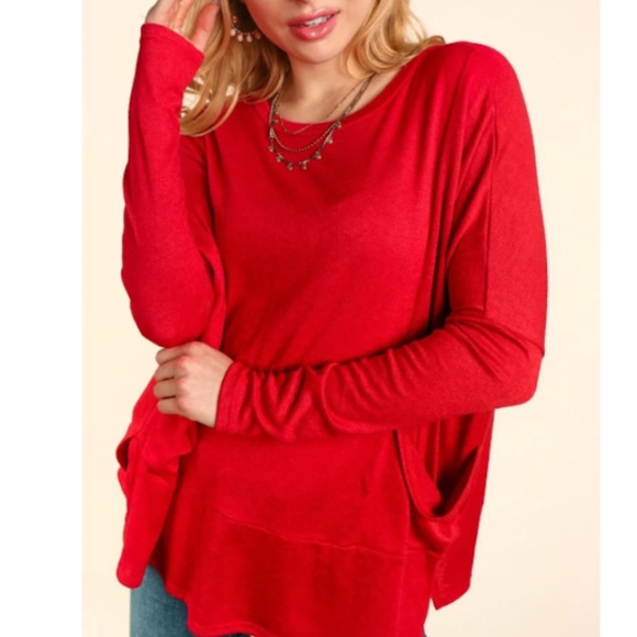 "The Gianna" Small Oversized Red Dolman Sleeve Pocket Top - Picture 2 of 2